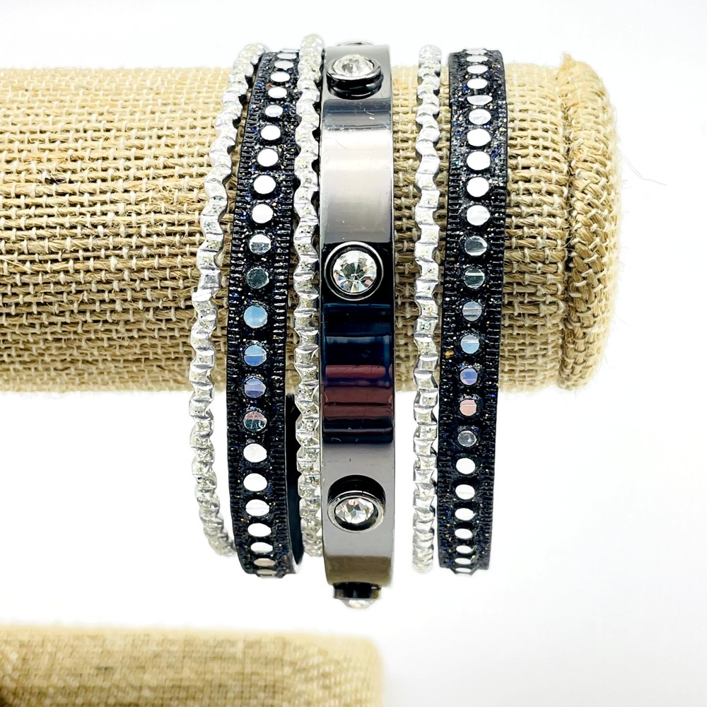 Gunmetal Silver Tone Bangle Bracelet Lot of 6 Rhinestone Stackable Bangles